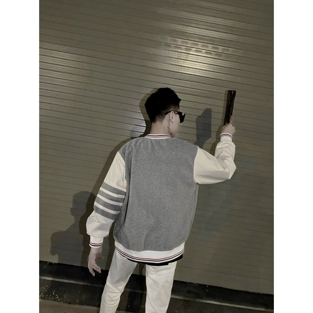 Áo Khoác Bomber Thome Tay Da Viền Sọc Nam Nữ - Fom Dáng Unisex Cực Hot Năm 2023
