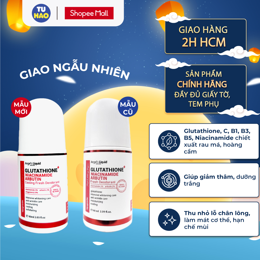 Lăn nách Angel's Liquid Glutathione Niacinamide Arbutin Whitening khử mùi giảm thâm 60ml