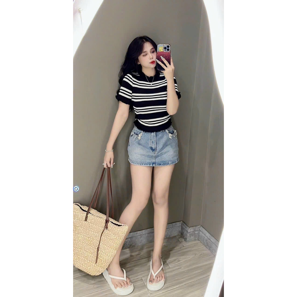 Áo Len Kẻ Bèo Sun Tay Loe Bèo Ôm Body, Áo Len Mongtoghi TA-1056