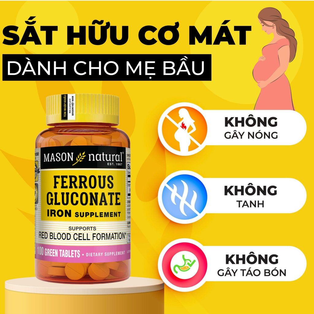 Viên Uống Bổ Máu, Tăng Tế Bào Hồng Cầu Mason Natural Ferrouse Gluconate 100 Viên