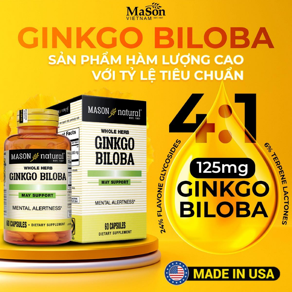 Viên Uống Mason Natural Ginkgo Biloba Hỗ Trợ Chức Năng Bộ Não, Hệ Thần Kinh 60 Viên