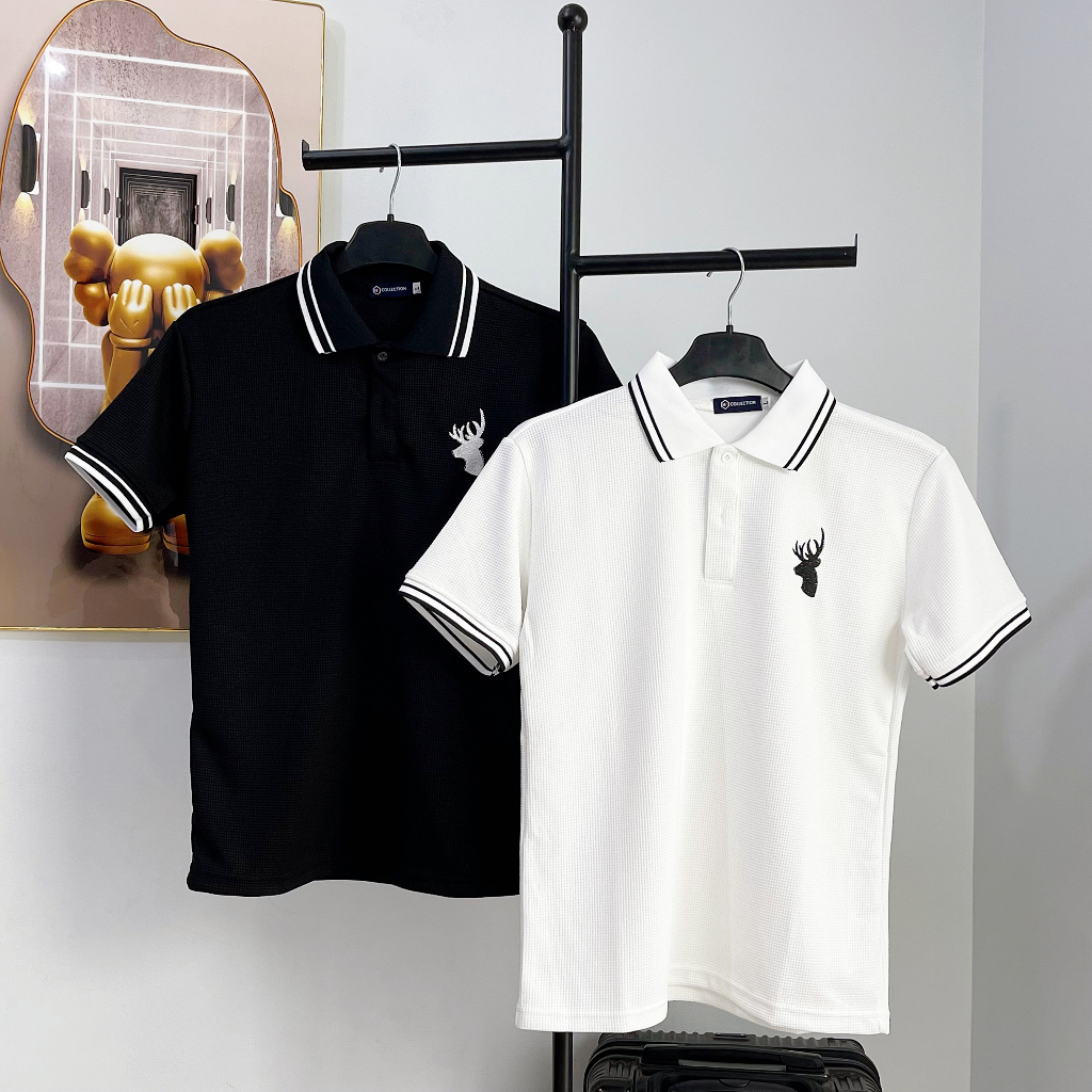 Áo thun polo nam tay ngắn, áo có cổ thêu logo hươu, phối bo viền sọc cổ, chất tổ ong mềm mịn thoáng mát