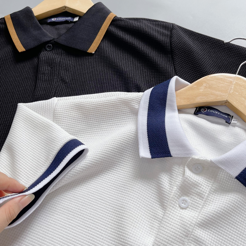 Áo thun polo nam tay ngắn, áo có cổ thêu logo hươu, phối bo viền sọc cổ, chất tổ ong mềm mịn thoáng mát