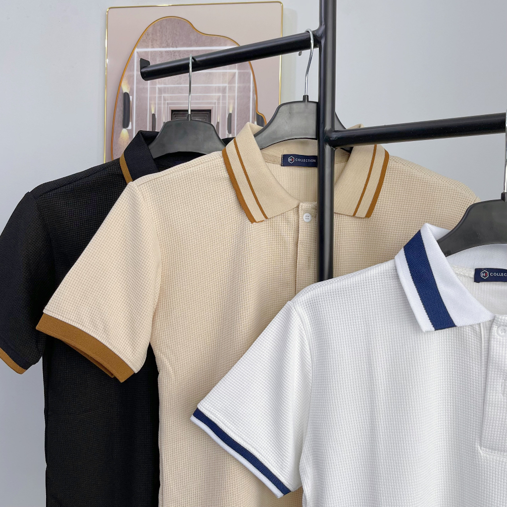 Áo thun polo nam tay ngắn, áo có cổ thêu logo hươu, phối bo viền sọc cổ, chất tổ ong mềm mịn thoáng mát