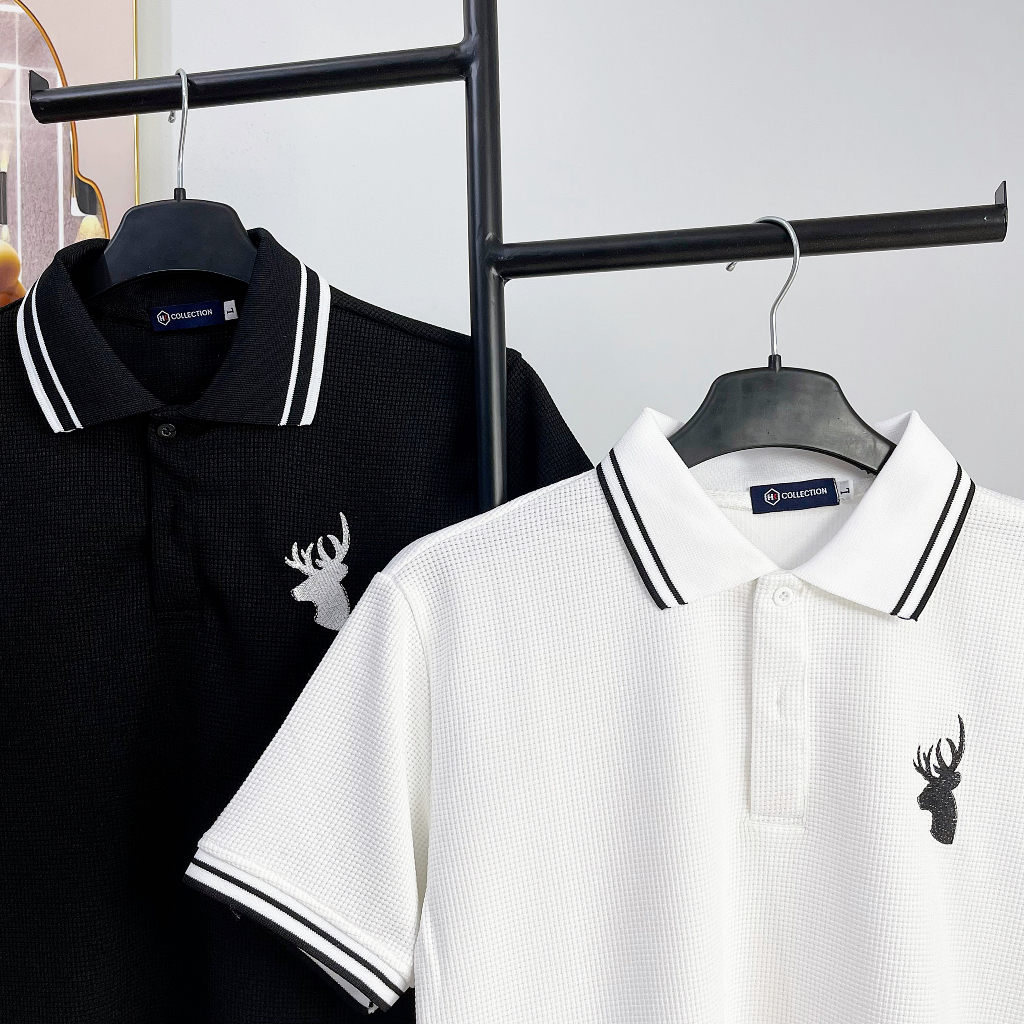 Áo thun polo nam tay ngắn, áo có cổ thêu logo hươu, phối bo viền sọc cổ, chất tổ ong mềm mịn thoáng mát