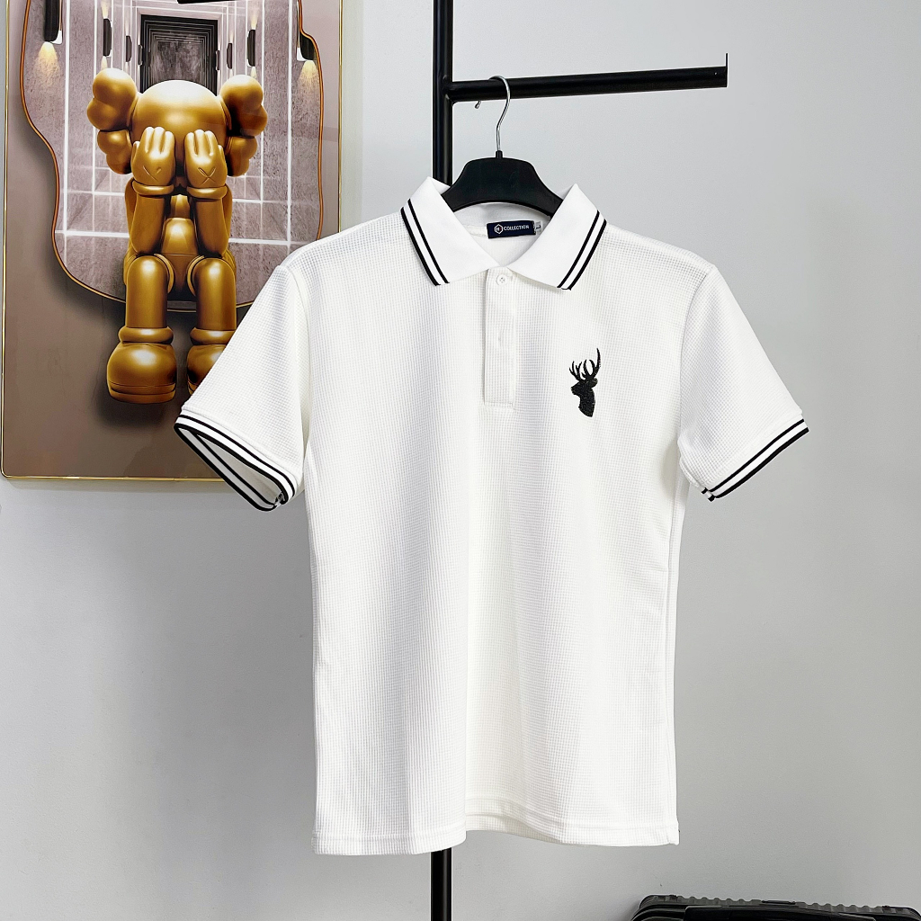 Áo thun polo nam tay ngắn, áo có cổ thêu logo hươu, phối bo viền sọc cổ, chất tổ ong mềm mịn thoáng mát