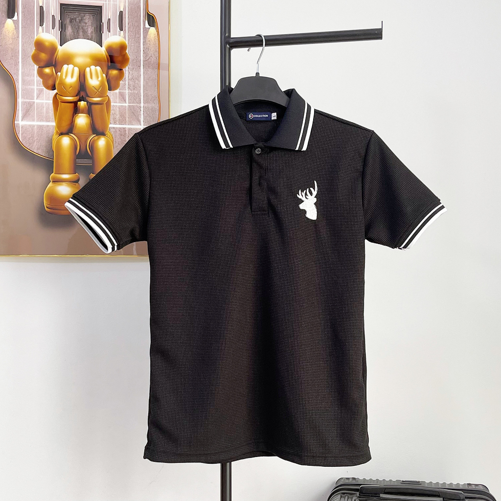 Áo thun polo nam tay ngắn, áo có cổ thêu logo hươu, phối bo viền sọc cổ, chất tổ ong mềm mịn thoáng mát
