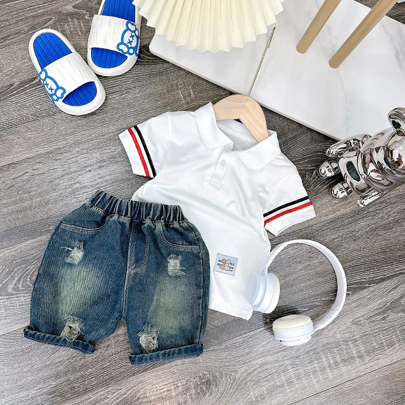 Bộ polo trắng kèm quần jean áo polo thông hơi mềm cho bé trai size 8-28kg,quần áo trẻ em