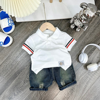 Bộ polo trắng kèm quần jean áo polo thông hơi mềm cho bé trai size 8-28kg,quần áo trẻ em