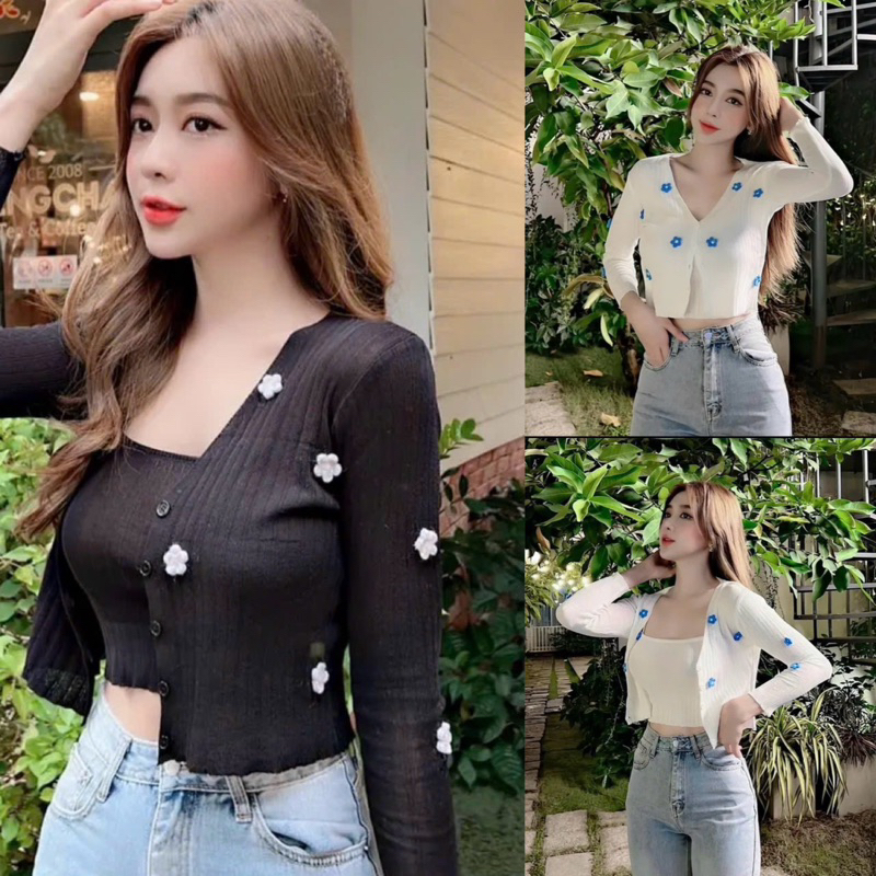 Set áo len nữ thêu hoa gồm áo 2 dây và áo khoác ngoài hàng QC