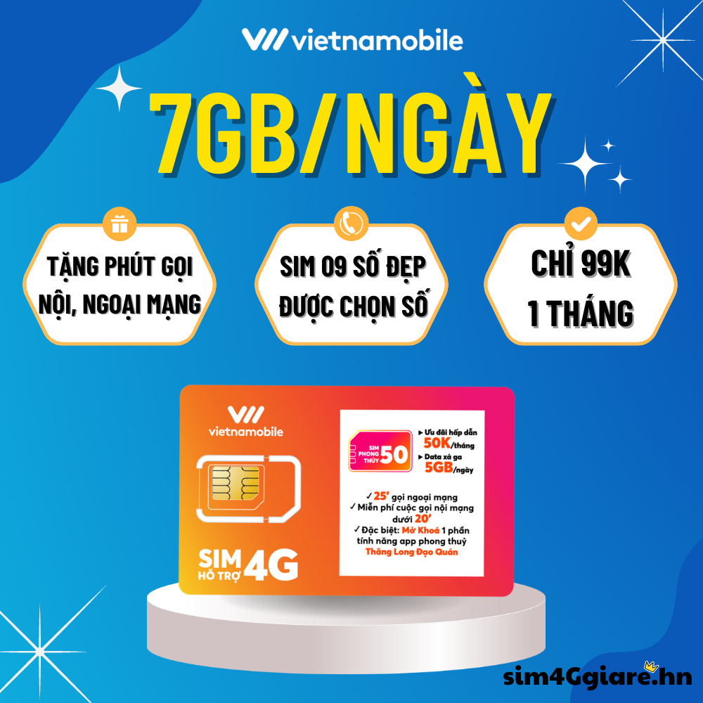 Sim 4G Vietnamobile Đầu 09 số đẹp, Data ưu đãi khủng 210GB/tháng, Tặng 50p ngoại mạng, Miễn phí nội mạng.