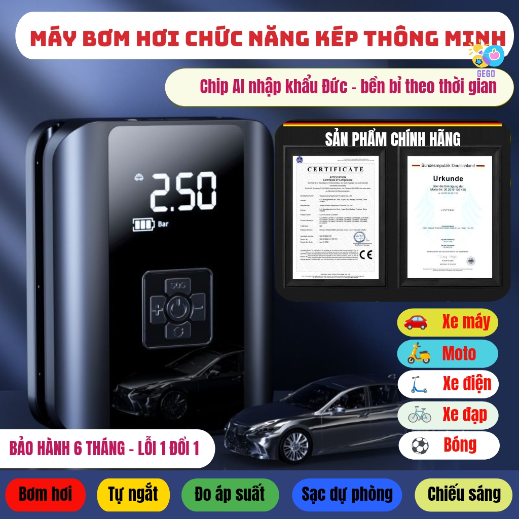 Máy Bơm Hơi Thông Minh Di Động Lốp Ô tô 120W Tự Động Ngắt Màn Hình LED Kiêm Sạc Dự Phòng Chức Năng Kép Hai Chế Độ