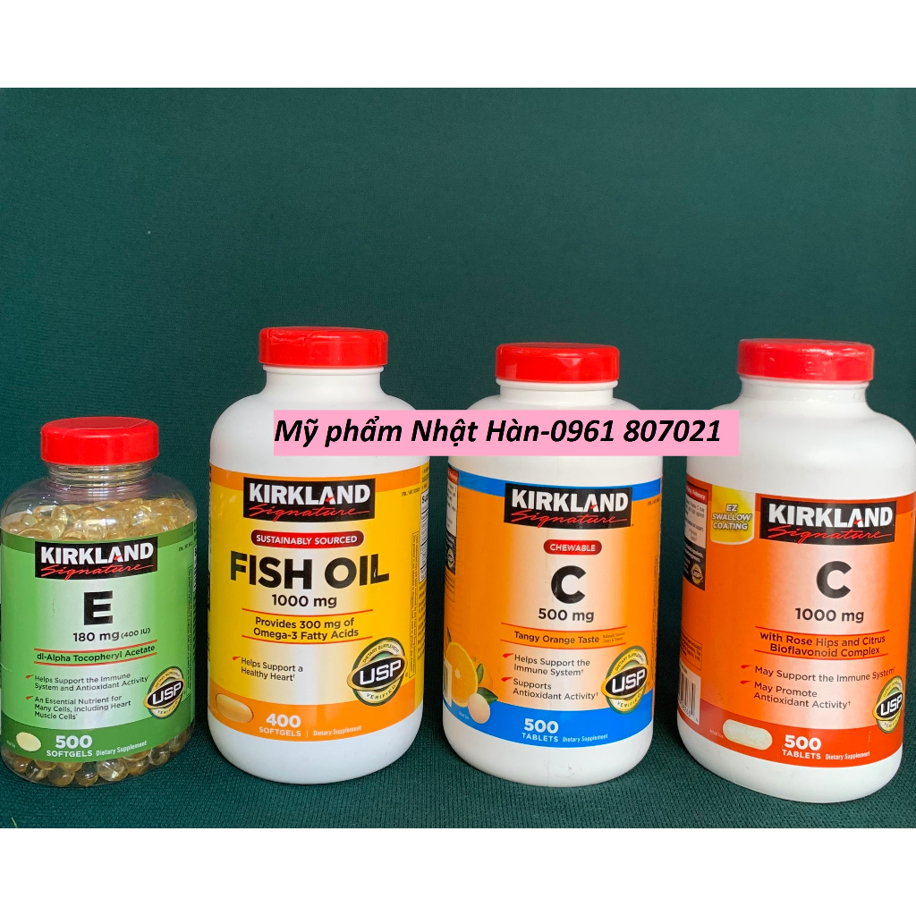Viên Uống Dầu Cá Fish Oil 100MG - Vitamin E 180MG - Viên nhai Vitamin C 500MG - 1000MG Kirkland