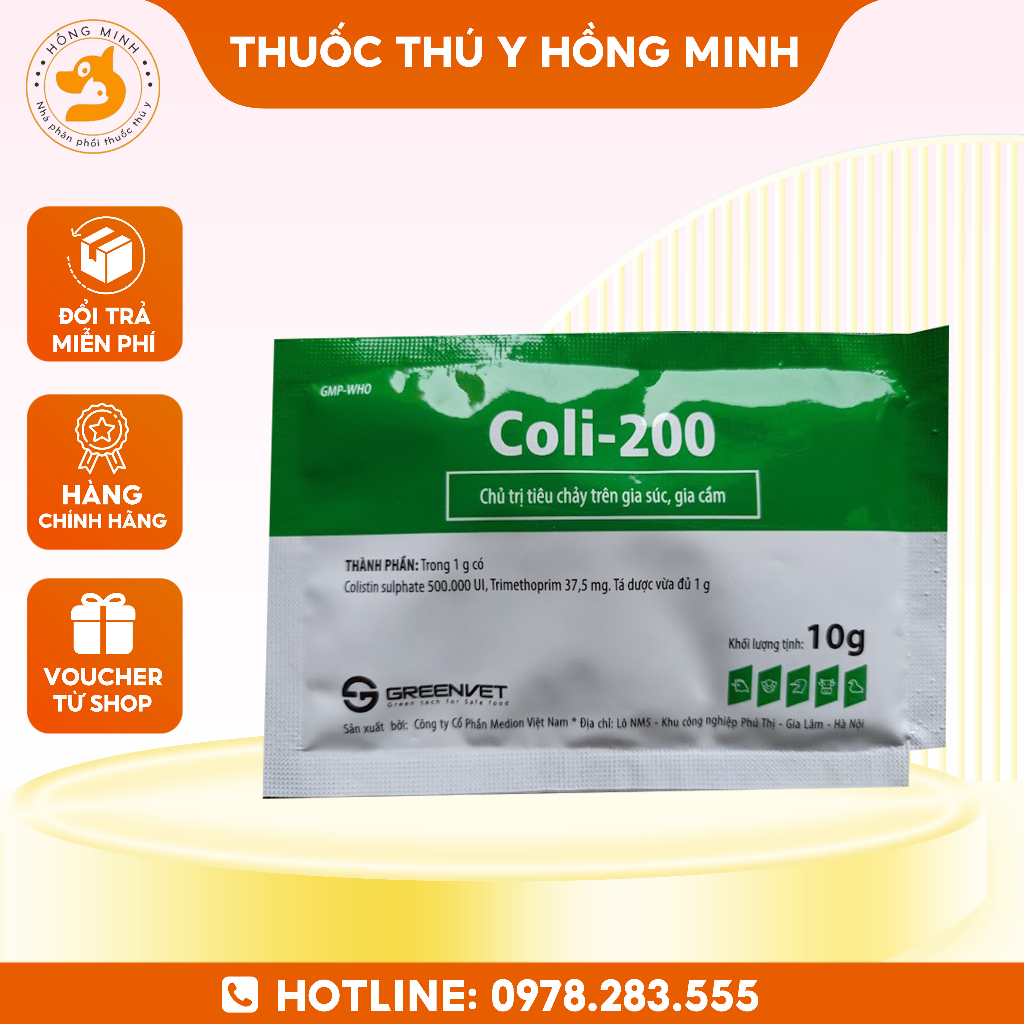 Coli 200 10gr- Chuyên phân xanh phân trắng trên gia súc, gia cầm