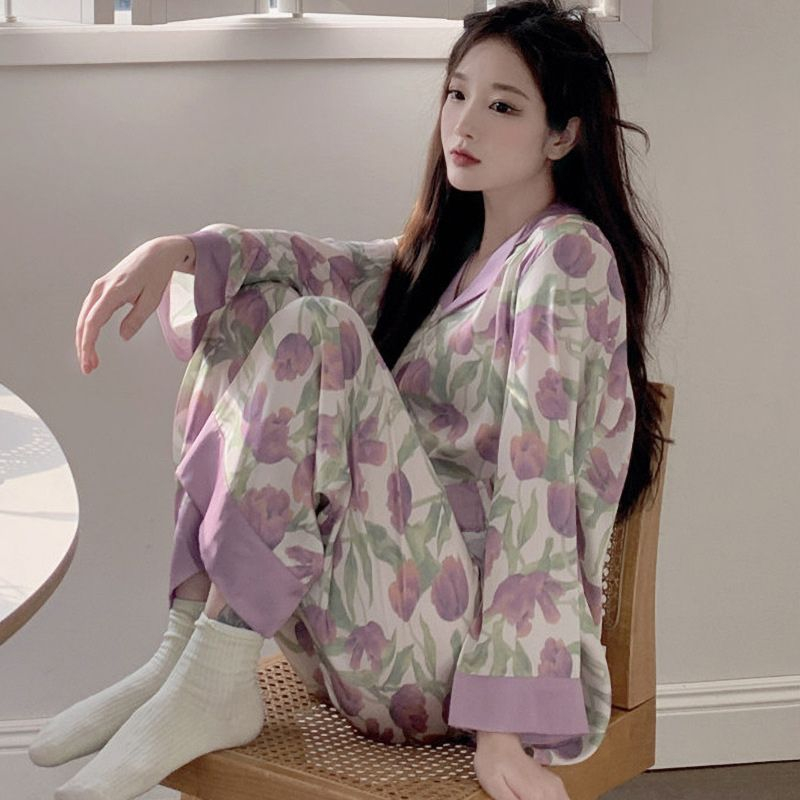 Đồ bộ nữ bộ pijama dài tay chất lụa mẫu hoa tulip tím hàng Quảng Châu cao cấp BADAYO TC502-2308