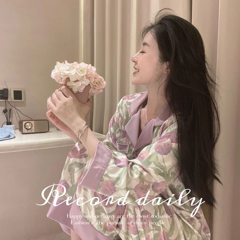 Đồ bộ nữ bộ pijama dài tay chất lụa mẫu hoa tulip tím hàng Quảng Châu cao cấp BADAYO TC502-2308