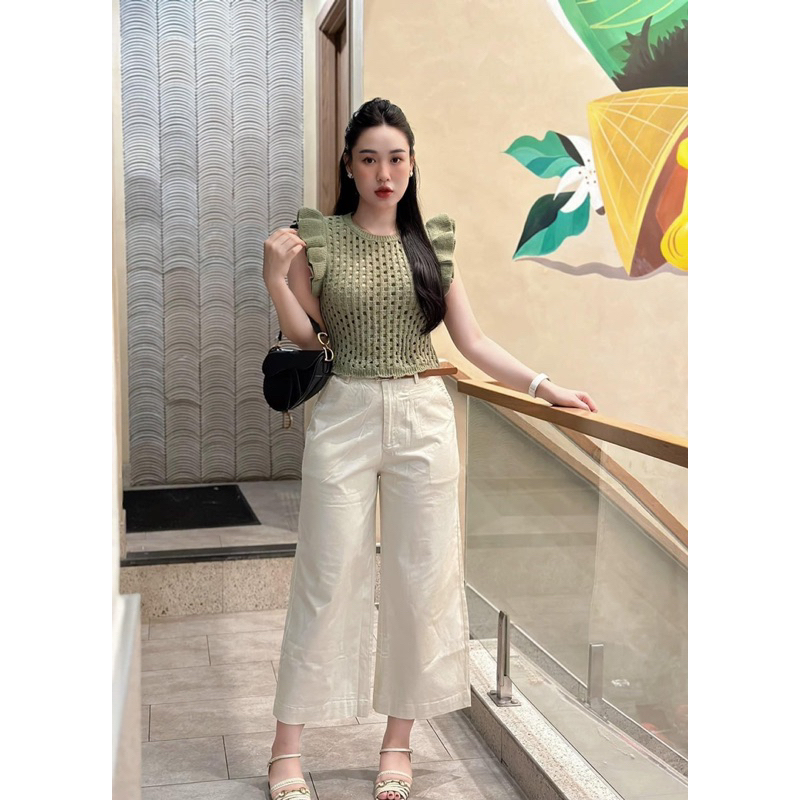 Áo len croptop tay bèo đen, be, xanh Zara xuất A231