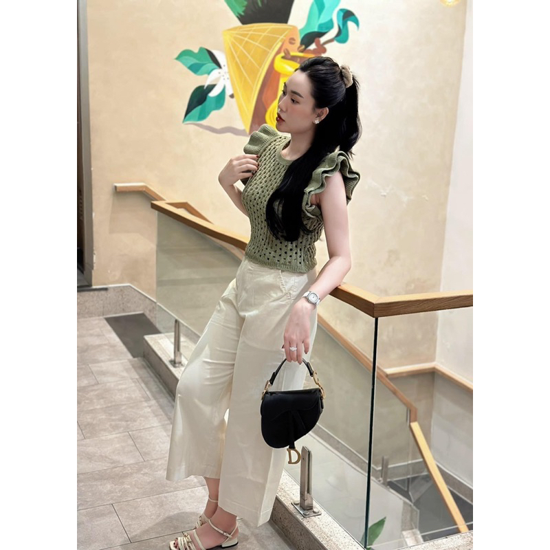 Áo len croptop tay bèo đen, be, xanh Zara xuất A231