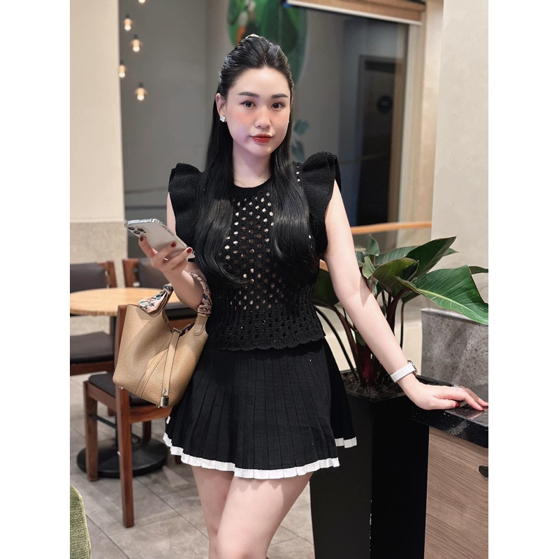 Áo len croptop tay bèo đen, be, xanh Zara xuất A231