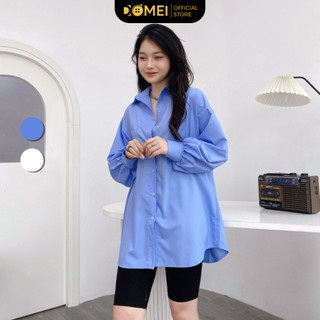 Áo Sơ Mi Xanh Lưu Diệc Phi Tay Bồng Dáng Dài DOMEI Form Rộng Dáng Giấu Quần Hàn Quốc