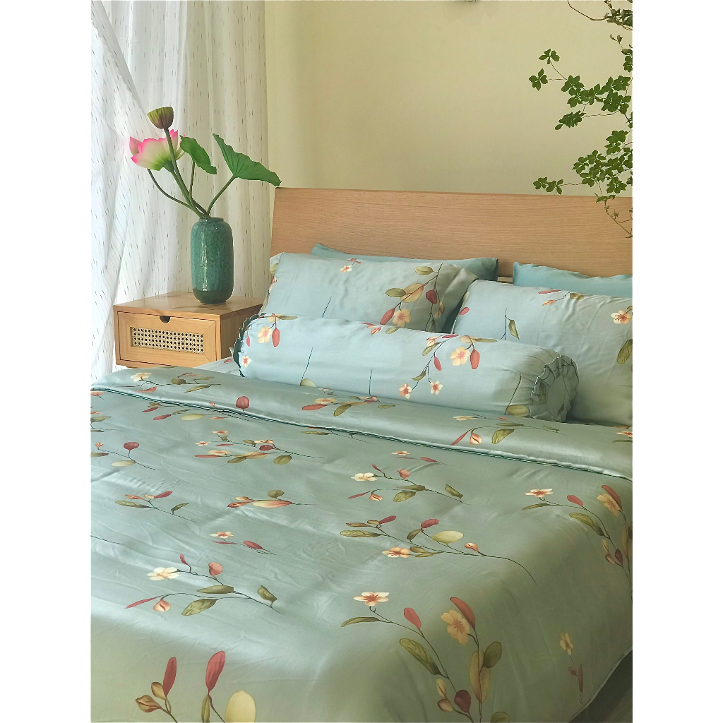 Chăn ga gối lụa tencel cành hoa xanh 80s GALLY đủ size1m6, 1m8, 2m