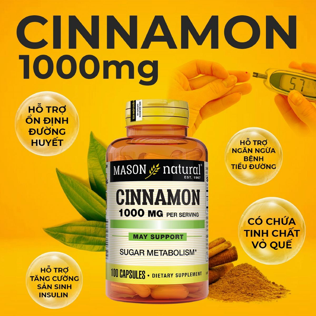 Viên Uống Hỗ Trợ Chuyển Hoá Đường Mason Natural Cinnamon 100 Viên