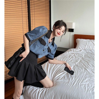 Set jean chân váy xếp ly