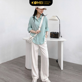 Combo Áo Sơ Mi Xanh Quần Âu Trắng DOMEI Phong Cách Hàn Quốc