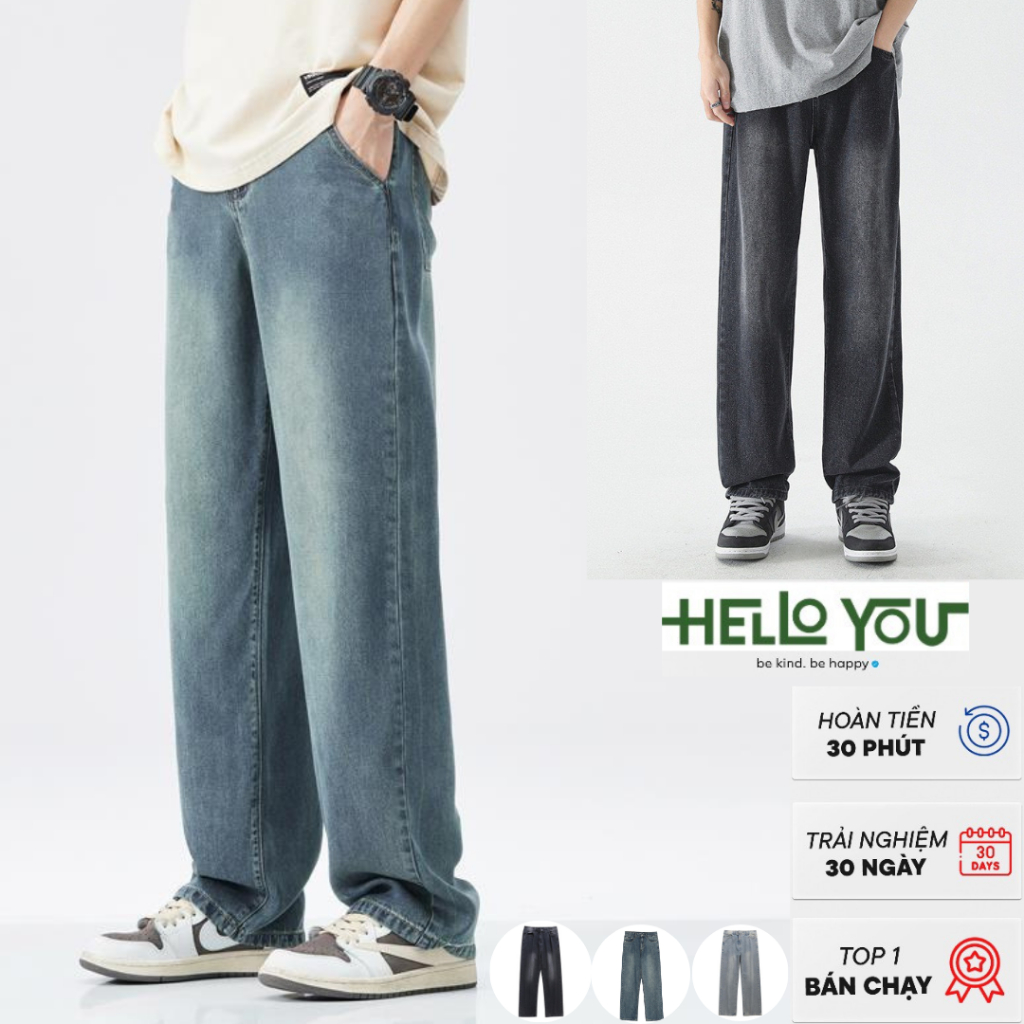 Quần jean nam retro baggy CẠP CAO ống suông rộng HELLOYOU, quần bò nam đen loang chất jeans cao cấp top xu hướng 2023