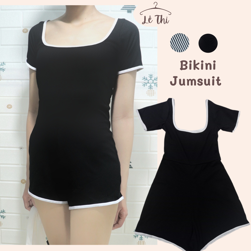 Bikini 1 mảnh kín đáo che bụng, đồ bơi đi biển nữ, jumsuit viền trắng khoe lưng | Lê Thi Clothing