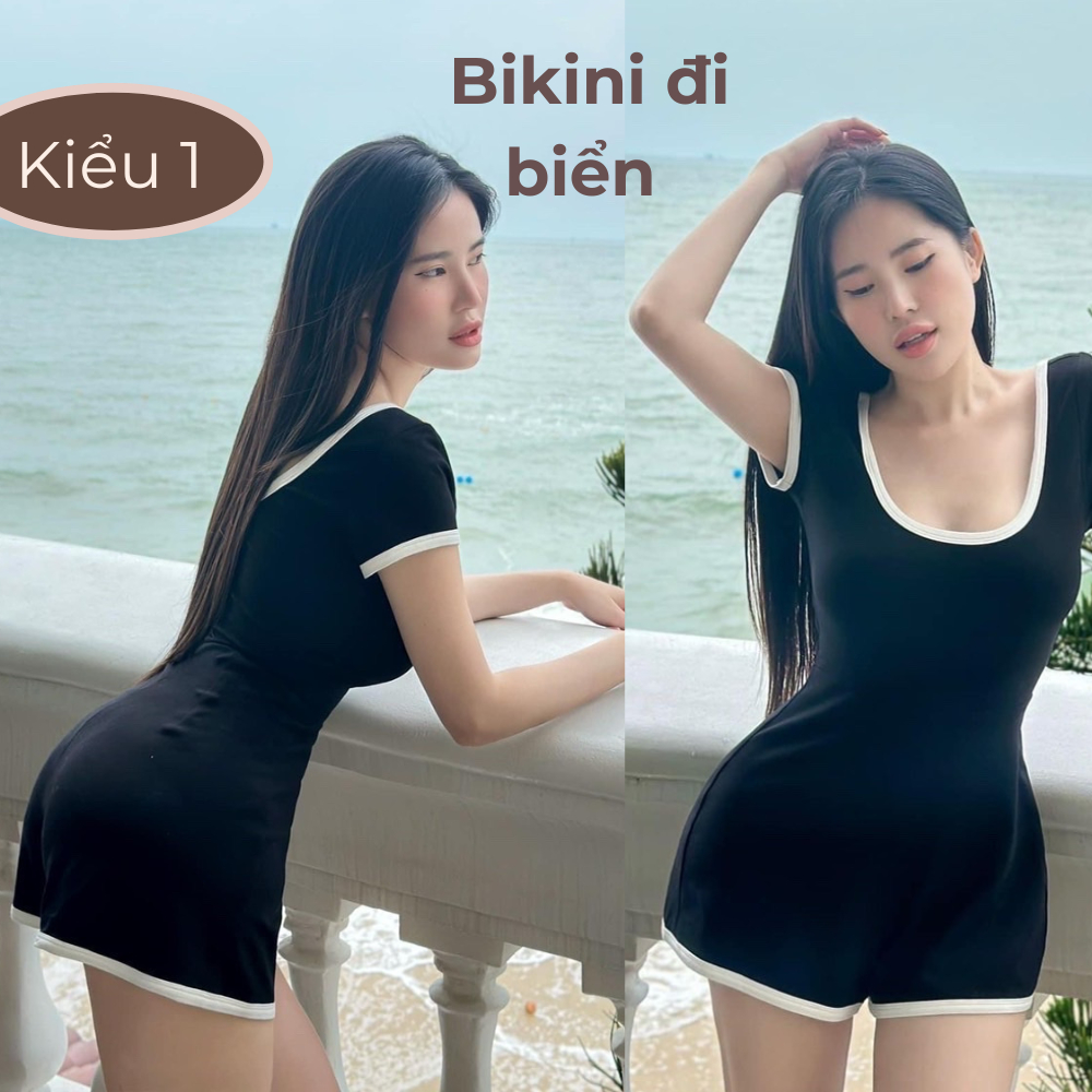 Bikini 1 mảnh kín đáo che bụng, đồ bơi đi biển nữ, jumsuit viền trắng khoe lưng | Lê Thi Clothing