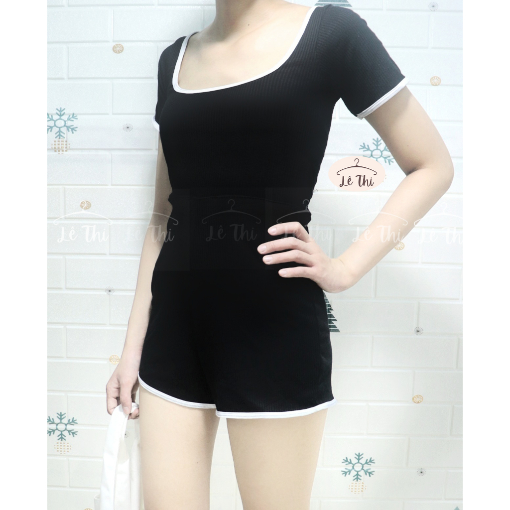 Bikini 1 mảnh kín đáo che bụng, đồ bơi đi biển nữ, jumsuit viền trắng khoe lưng | Lê Thi Clothing