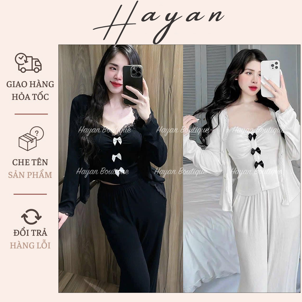HT358 Bộ ngủ 3 món đính nơ tôn dáng kèm ĐỆM LÓT, set đồ ngủ thun lạnh cao cấp sang chảnh HT358