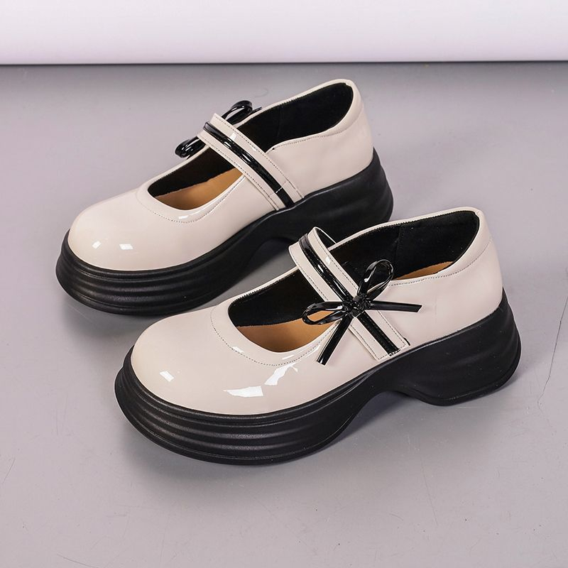 Giày đốc nữ thắt nơ Cổ Tích da bóng đế PU siêu nhẹ 5cm