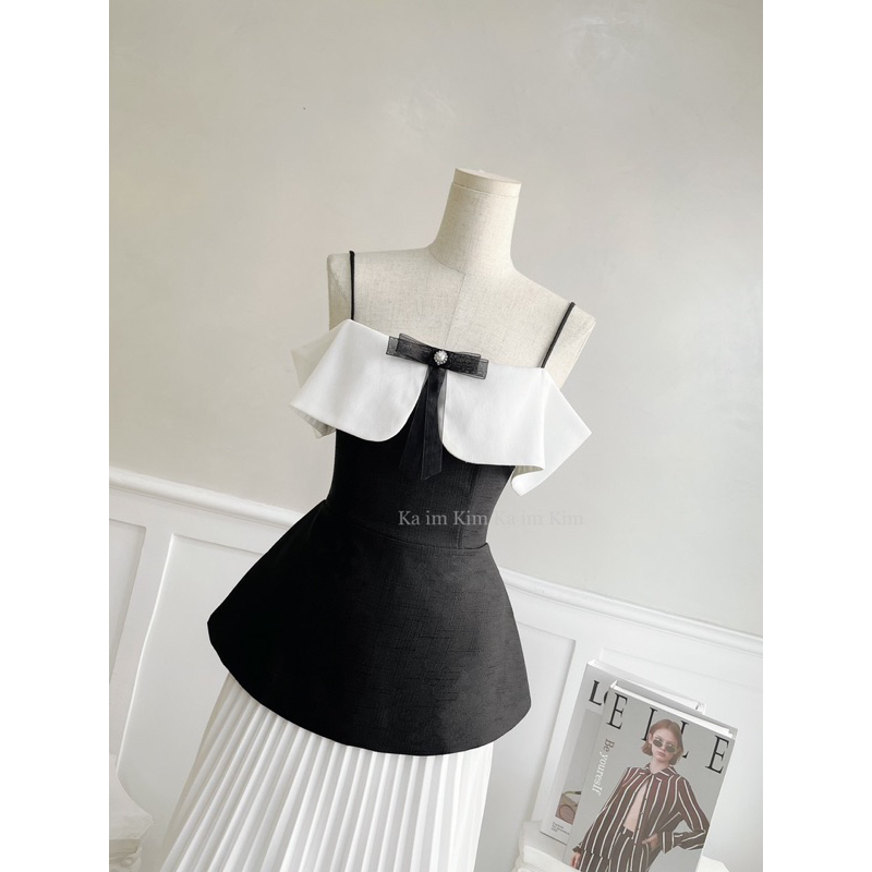 Áo Thiết Kế Peplum 2 Dây Trễ Vai Kèm Tag Nơ Sang-Xịn