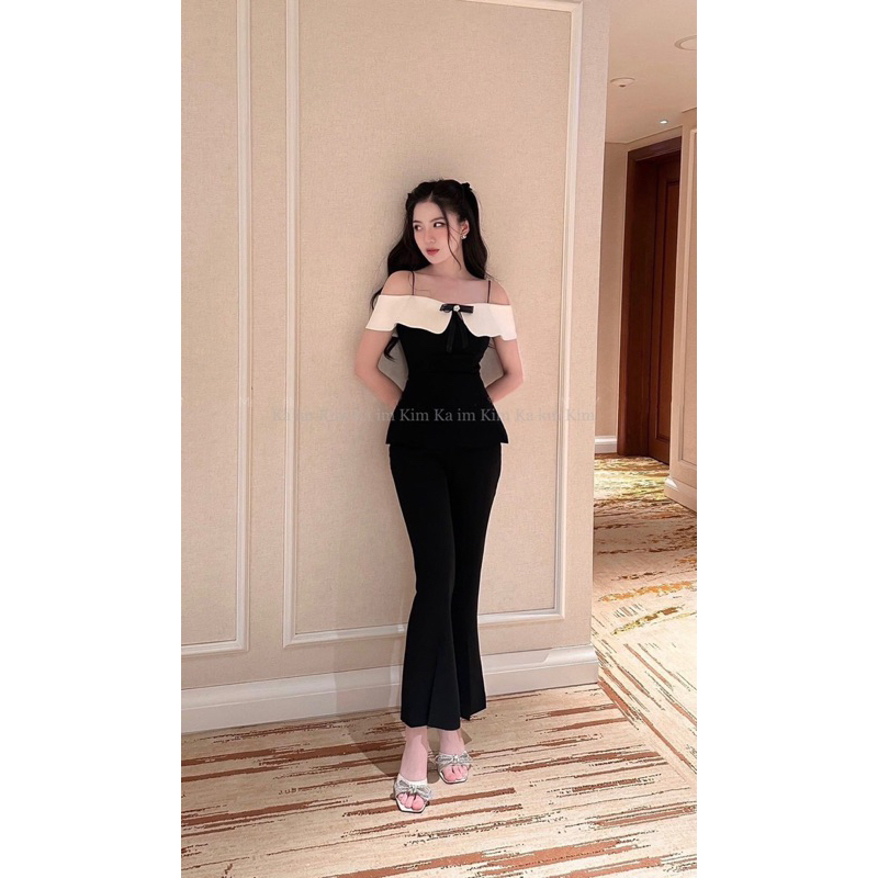 Áo Thiết Kế Peplum 2 Dây Trễ Vai Kèm Tag Nơ Sang-Xịn