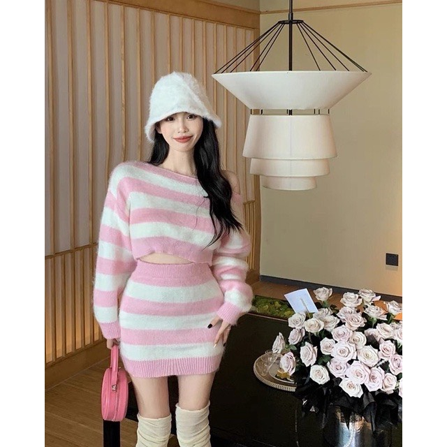 Sét chân váy áo len lông giáng ngắn 2 màu trẻ trung