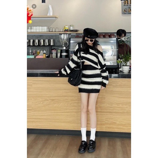 Sét chân váy áo len lông giáng ngắn 2 màu trẻ trung