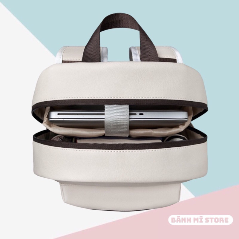 Balo Trà Sữa DG LEATHER Basic Backpack Chất Da Simili Cao Cấp Chống Nước Bánh Mì Store Cặp Da Đi Học Màu Kem Thời Trang