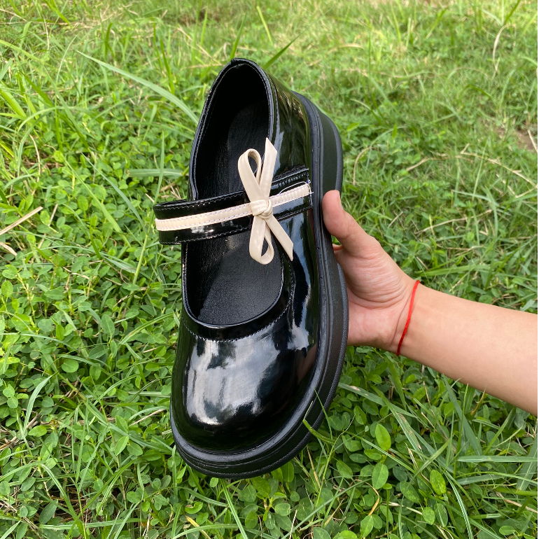 Giày đốc nữ thắt nơ Cổ Tích da bóng đế PU siêu nhẹ 5cm