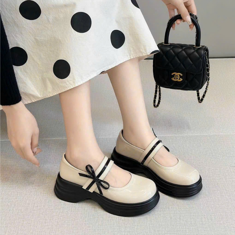 Giày đốc nữ thắt nơ Cổ Tích da bóng đế PU siêu nhẹ 5cm