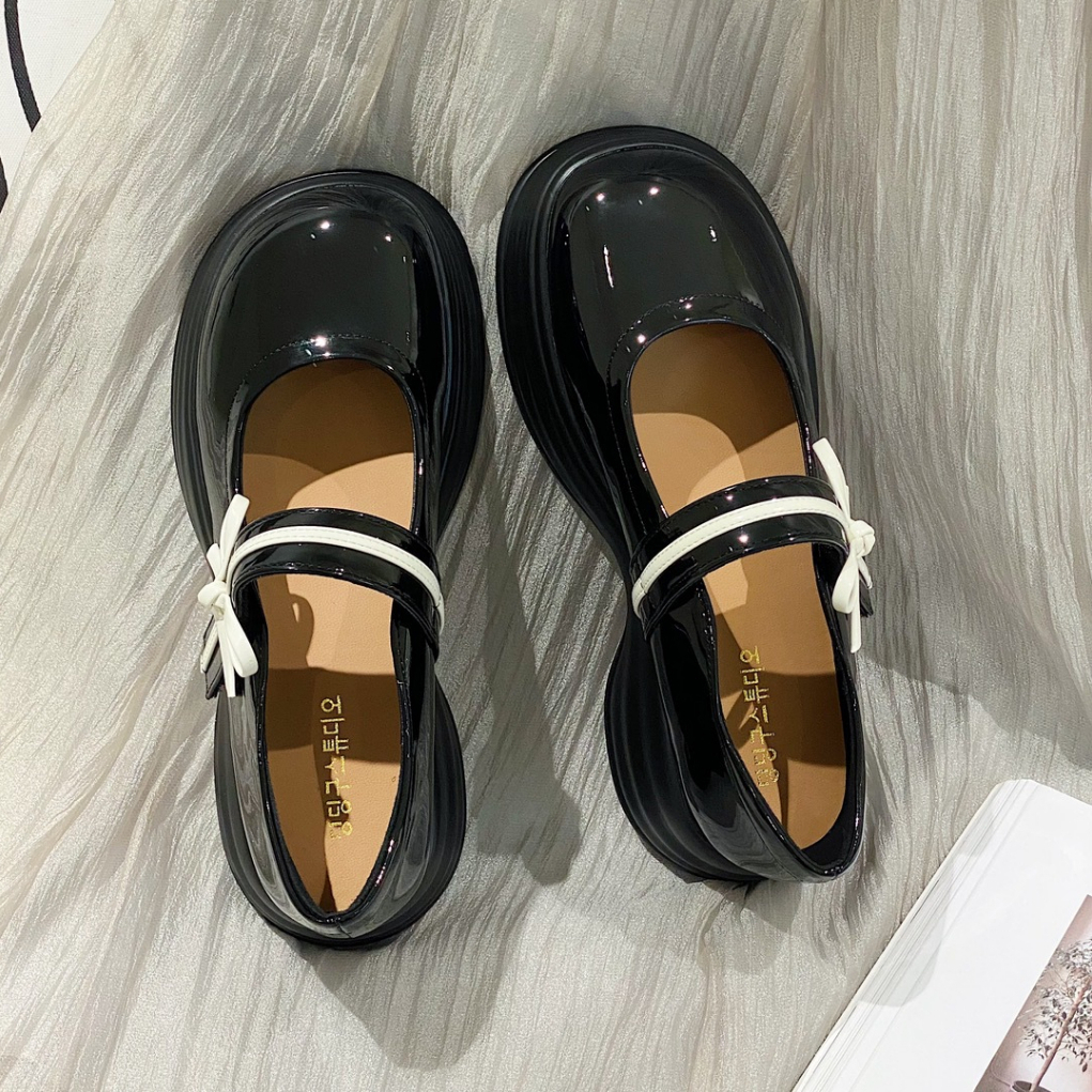 Giày đốc nữ thắt nơ Cổ Tích da bóng đế PU siêu nhẹ 5cm