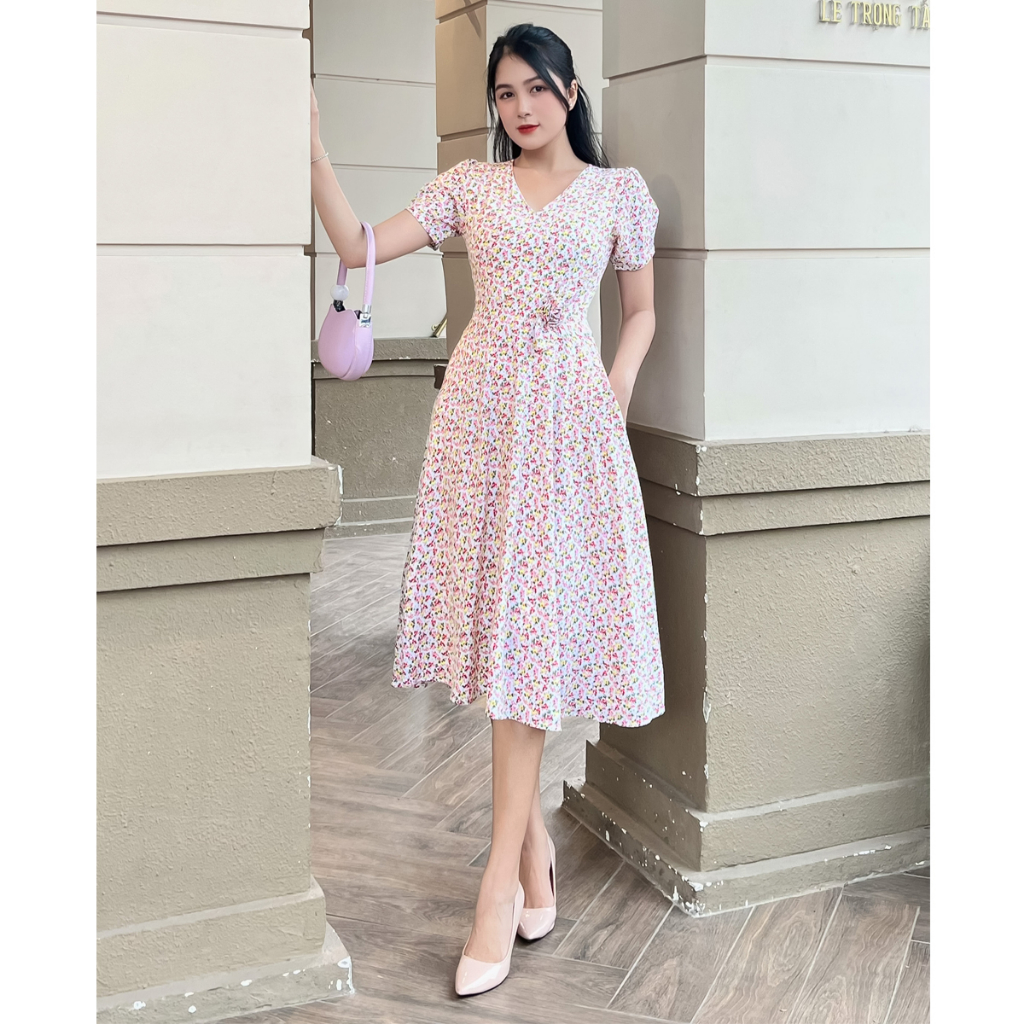 Đầm xòe hoa nhí gắn hoa eo dễ thương D090 - Lady fashion