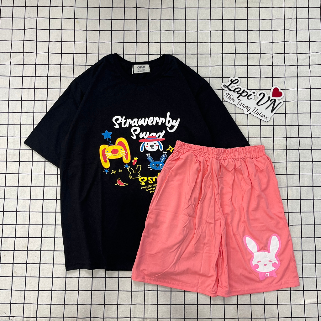 Set Đồ Bộ In Hình Rabbit cartoon - Lapi VN Áo+ Quần Đùi Vải Thun Cotton Thoáng Mát, Freesize Đến 65kg