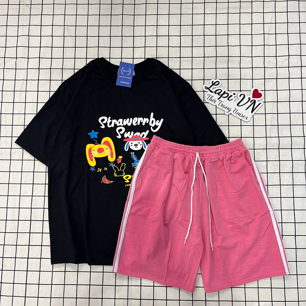 Đồ Bộ Unisex Rabbit Đen Quần Đùi 3 Line – Lapi VN, Set Cartoon, Freesize, Nam Nữ Đều Mặc Được