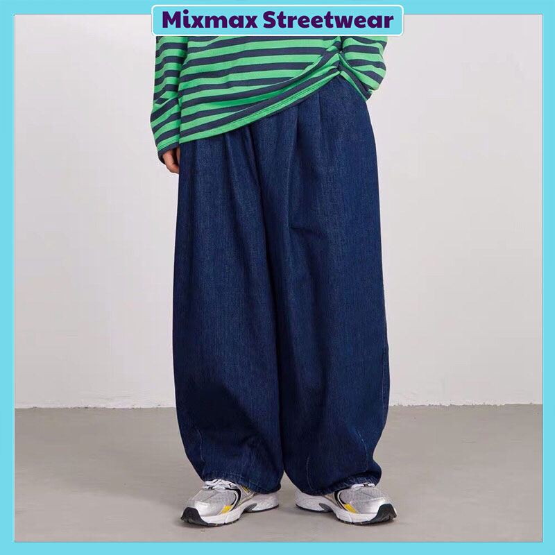 Quần bò jeans ống rộng oversize chiết gấu cạp chun màu xanh đậm unisex Ulzzang hiphop
