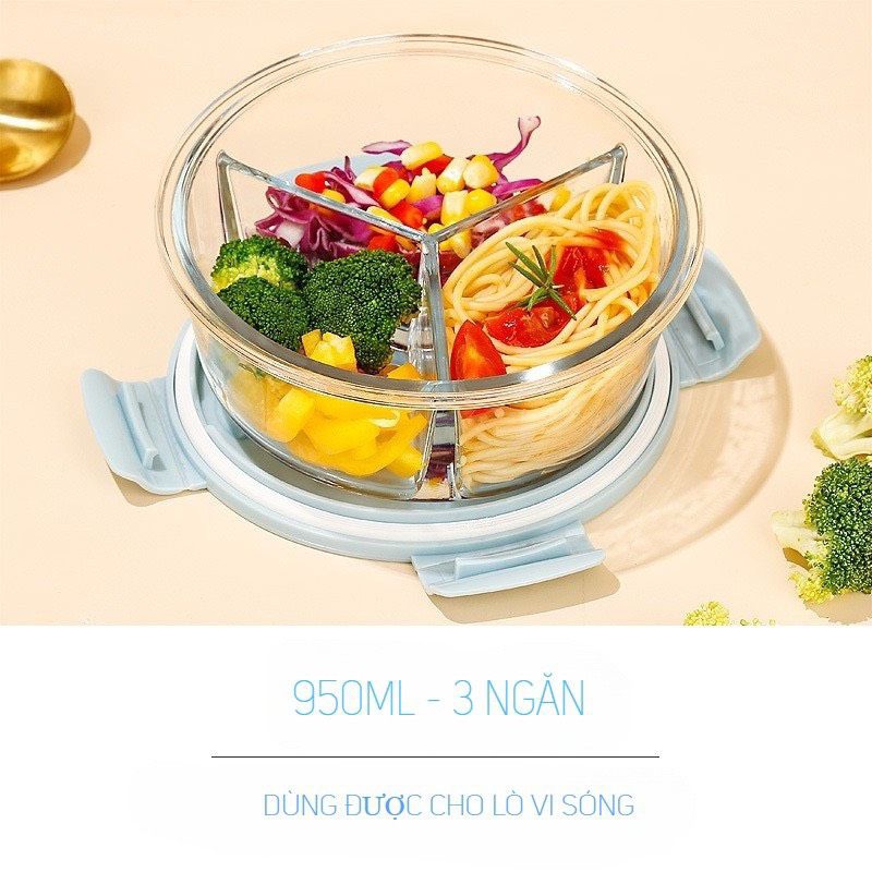 Hộp cơm tròn thủy tinh 3 ngăn 950ml