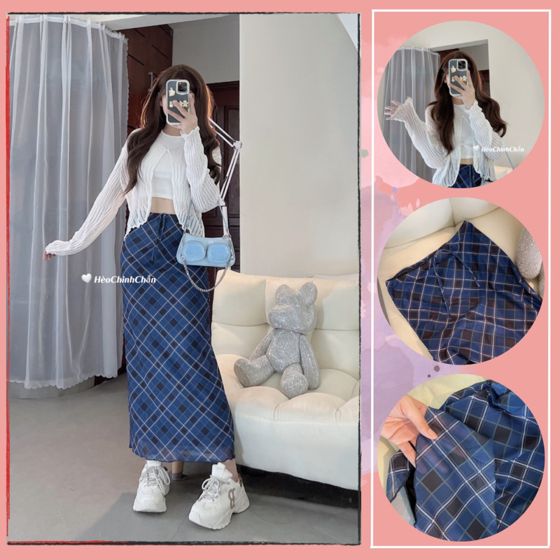 (Ảnh Thật) Chân Váy Midi Voan Lưới Kẻ Caro Hèo Chinh Chắn