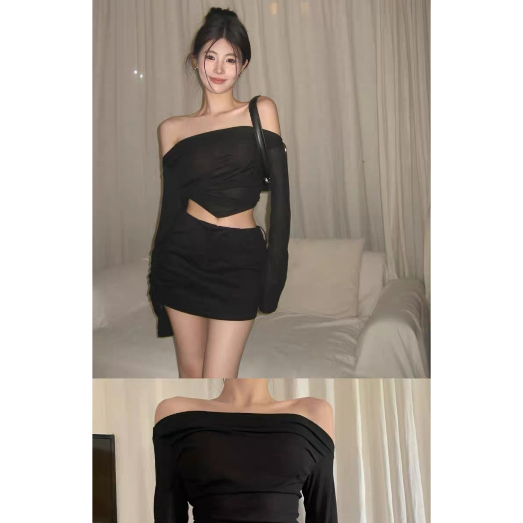 SET ÁO BẸT VAI BODY TÀ NHỌN CROPTOP TAY DÀI + CHÂN VÁY ĐEN
