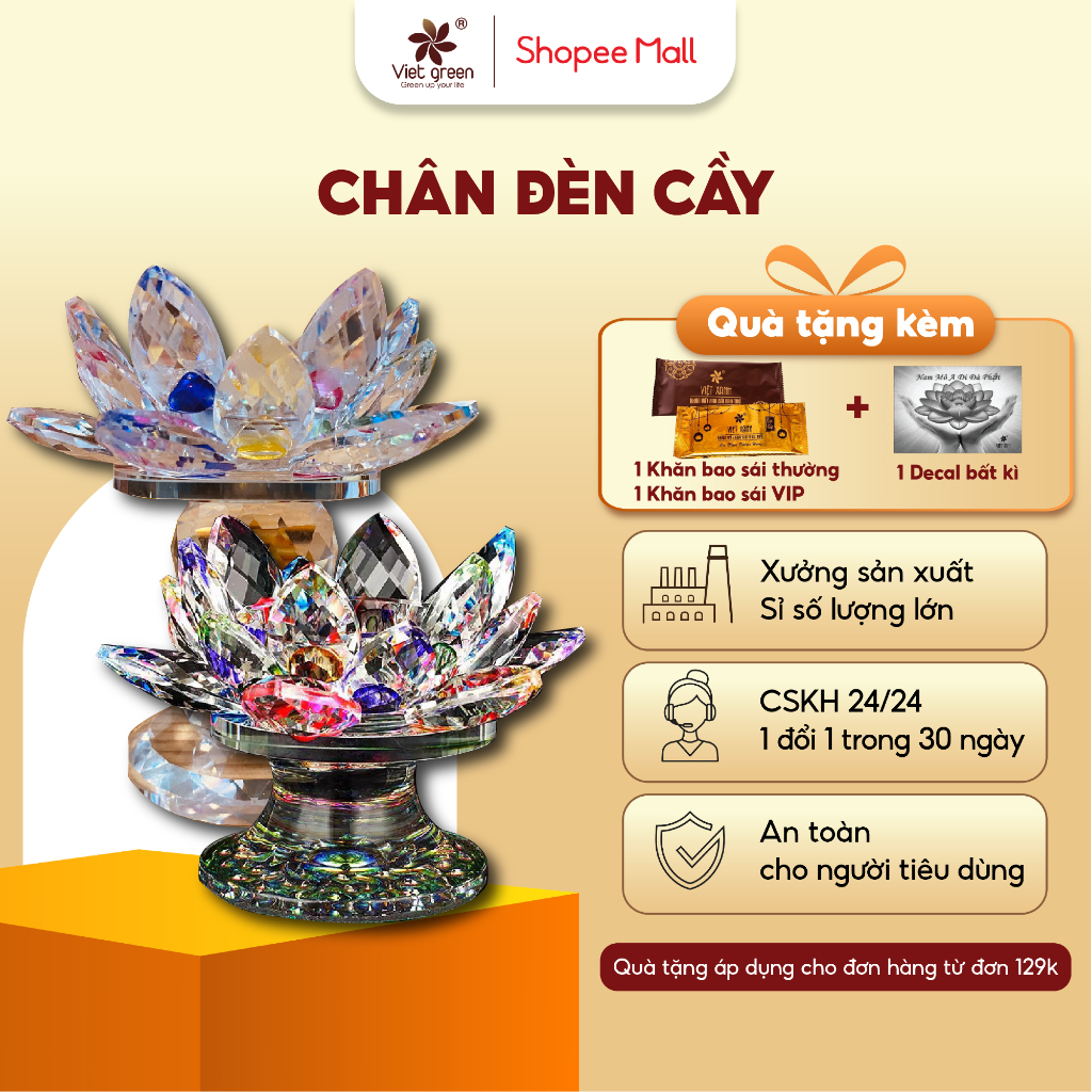 Chân Đèn Cầy Hoa Sen VIỆT XANH Làm Bằng Thủy Tinh Pha Lê Nhiều Kích Thước
